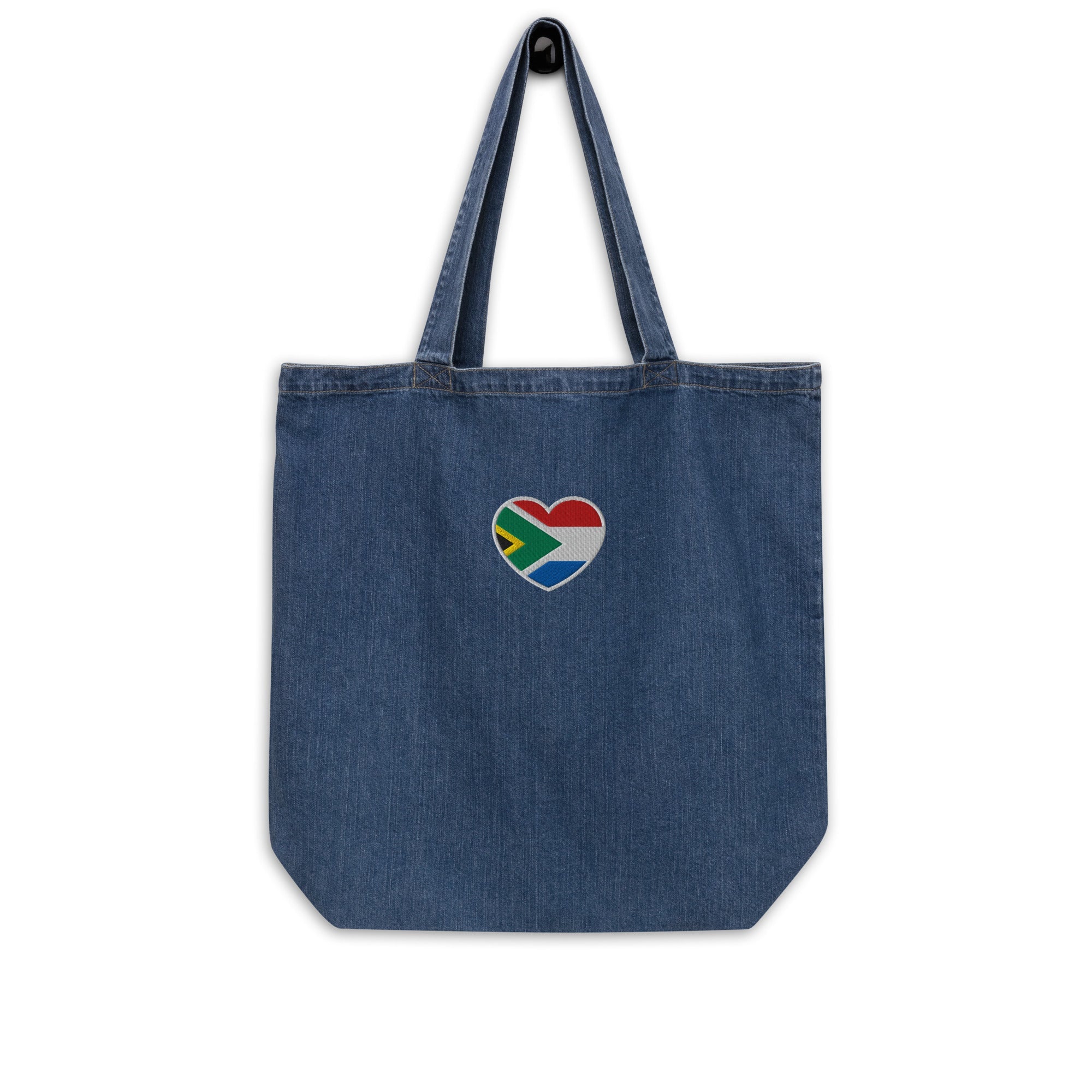 Dark blue organic denim tote bag with small embroidered Two Homes One Heart design combining South African and Dutch flag colours.