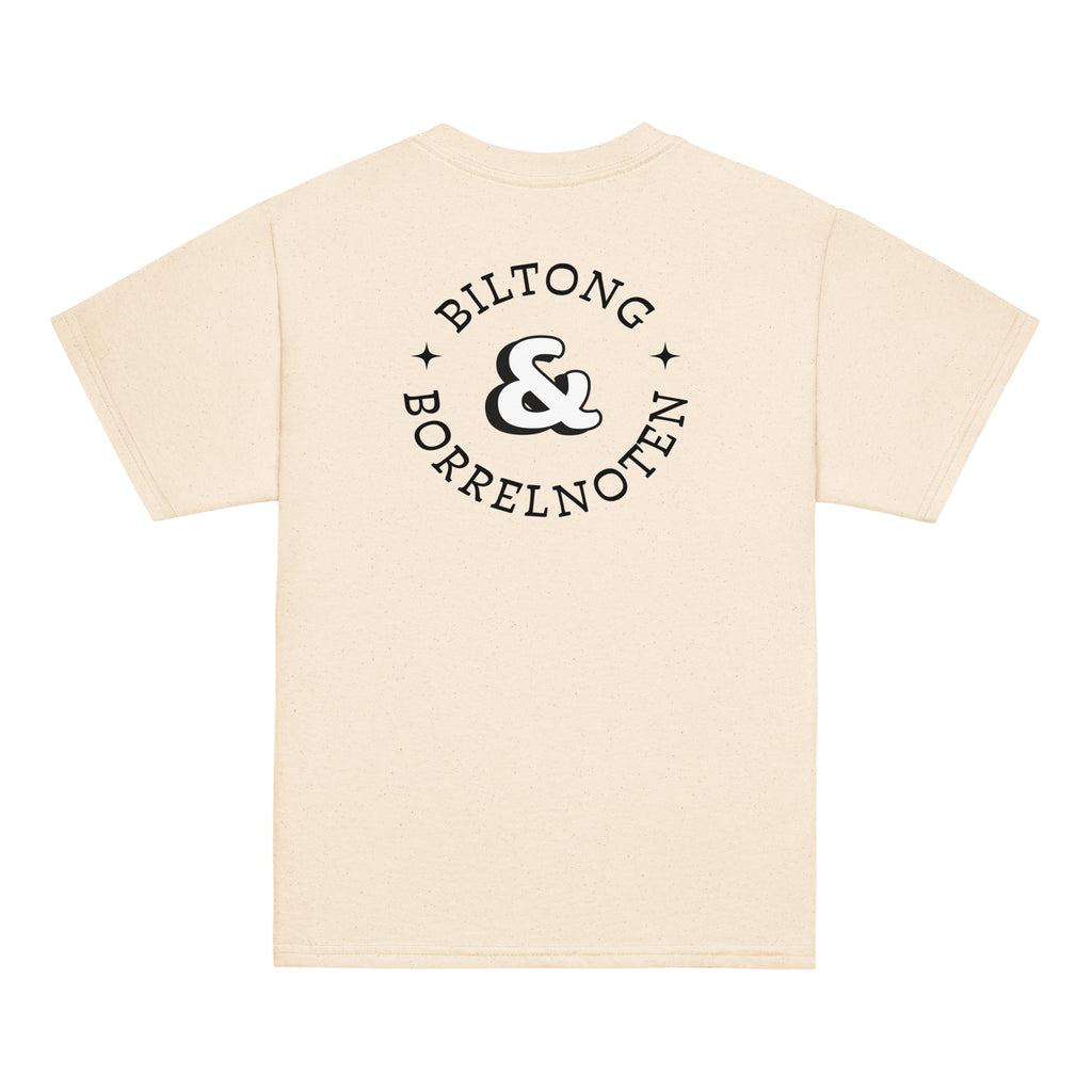 Natural kids t-shirt with large “Biltong & Borrelnoten” graphic on the back and Two Homes One Heart chest design on the front, South African Roots youth tee.