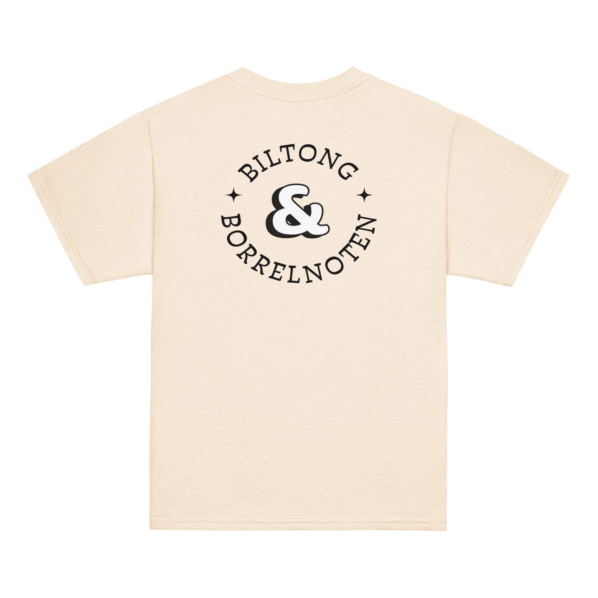 Natural kids t-shirt with large “Biltong & Borrelnoten” graphic on the back and Two Homes One Heart chest design on the front, South African Roots youth tee.