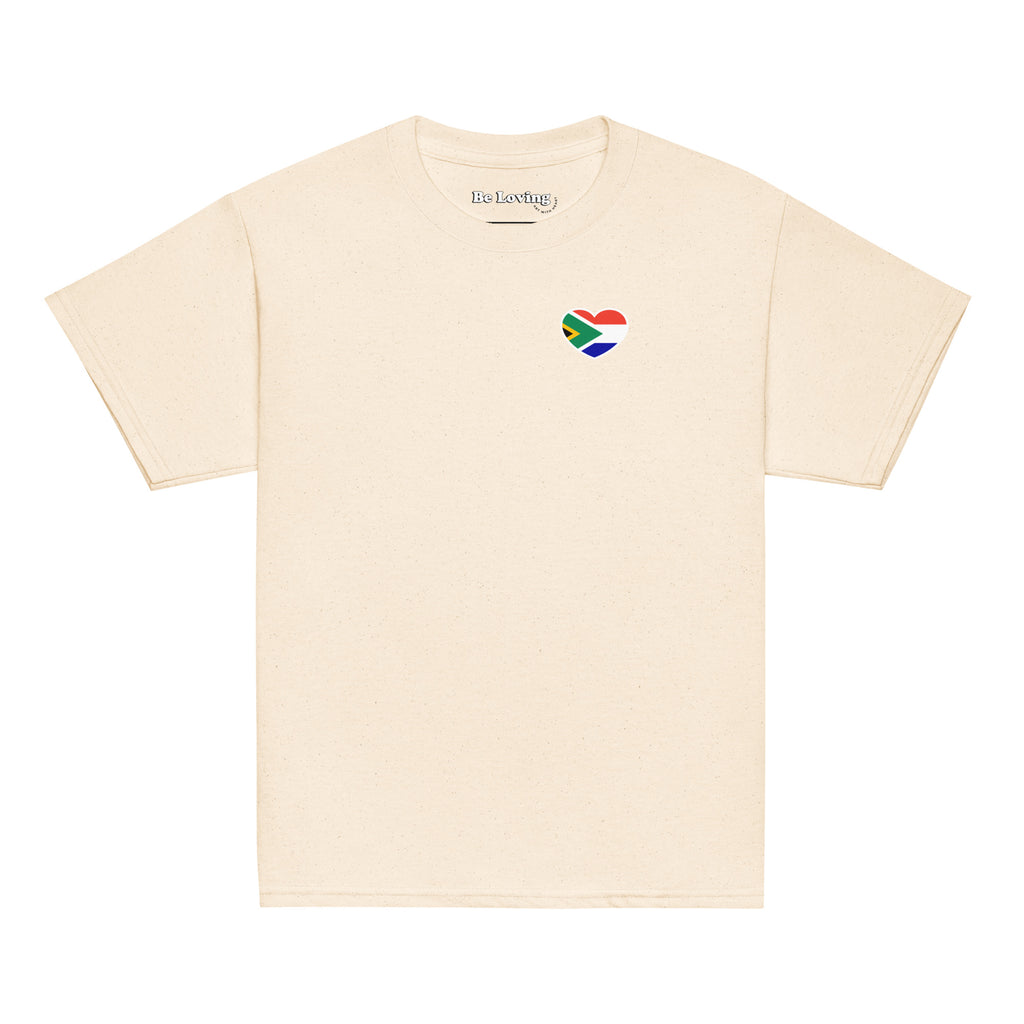 Natural kids t-shirt with large “Biltong & Borrelnoten” graphic on the back and Two Homes One Heart chest design on the front, South African Roots youth tee.