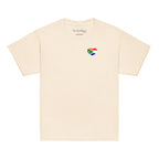 Natural kids t-shirt with large “Biltong & Borrelnoten” graphic on the back and Two Homes One Heart chest design on the front, South African Roots youth tee.
