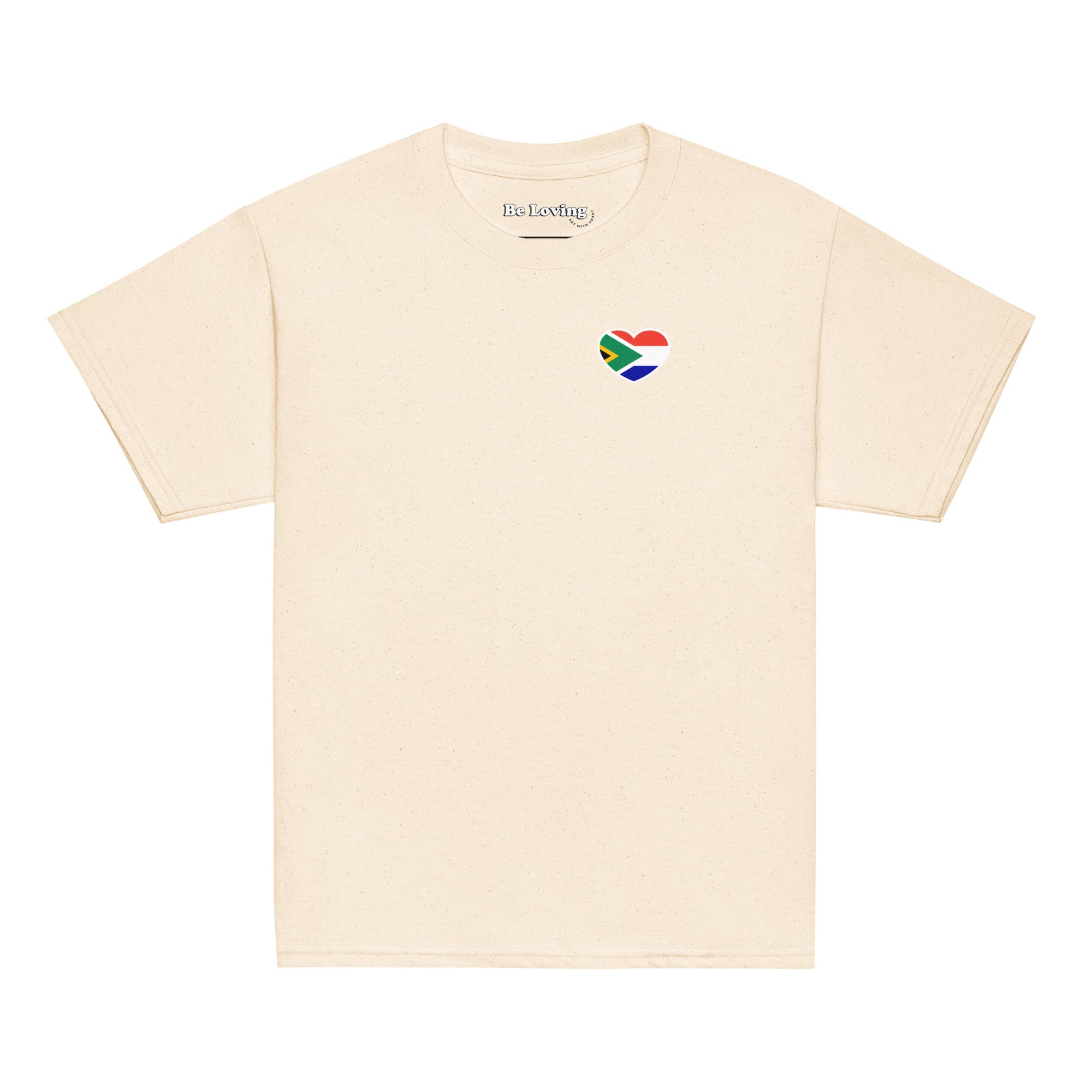 Natural kids t-shirt with large “Biltong & Borrelnoten” graphic on the back and Two Homes One Heart chest design on the front, South African Roots youth tee.