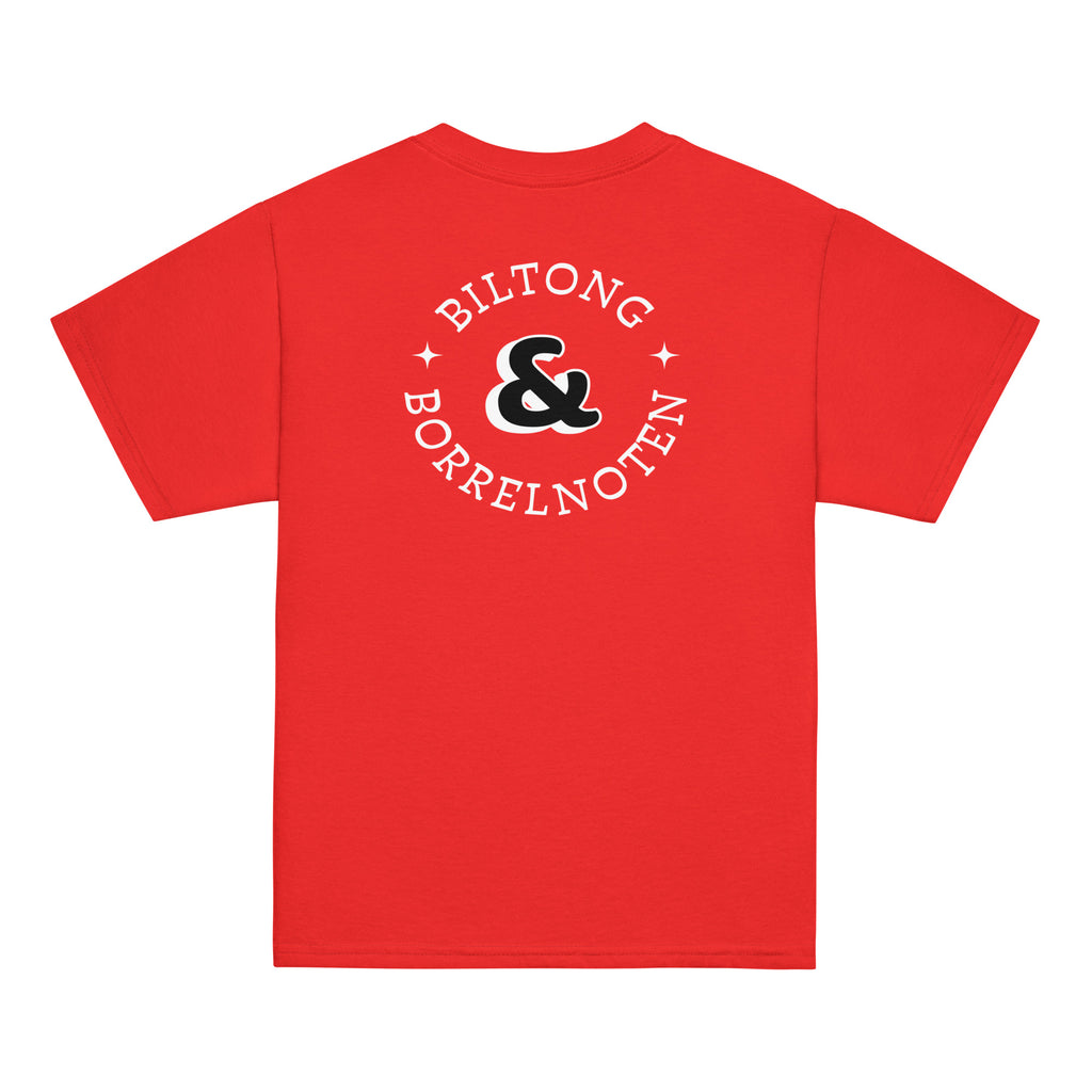 Red kids t-shirt with large “Biltong & Borrelnoten” graphic on the back and Two Homes One Heart chest design on the front, South African Roots youth tee.