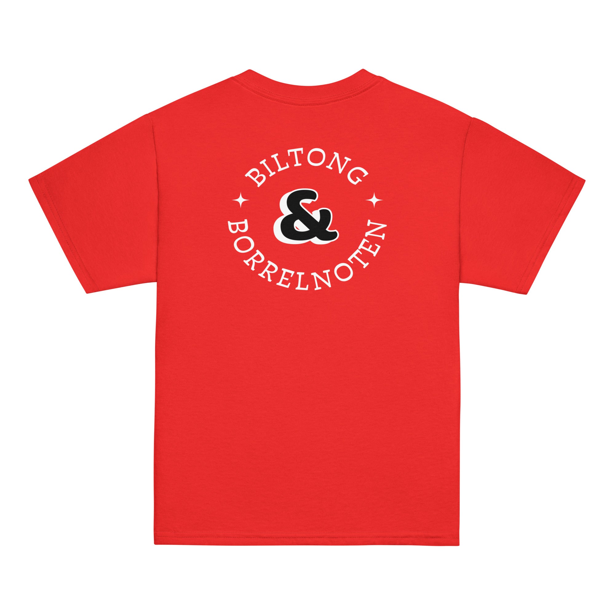 Red kids t-shirt with large “Biltong & Borrelnoten” graphic on the back and Two Homes One Heart chest design on the front, South African Roots youth tee.