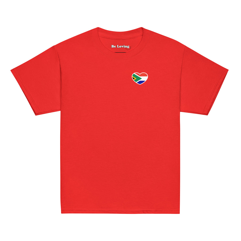 Red kids t-shirt with large “Biltong & Borrelnoten” graphic on the back and Two Homes One Heart chest design on the front, South African Roots youth tee.