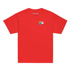 Red kids t-shirt with large “Biltong & Borrelnoten” graphic on the back and Two Homes One Heart chest design on the front, South African Roots youth tee.