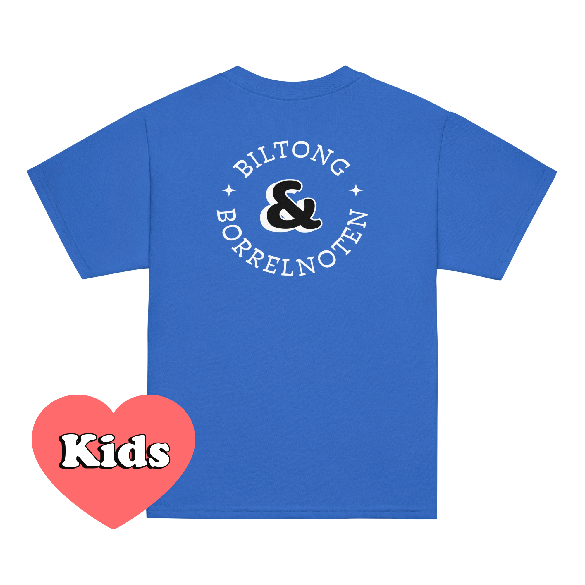Royal blue kids t-shirt with large “Biltong & Borrelnoten” graphic on the back and Two Homes One Heart chest design on the front, South African Roots youth tee.
