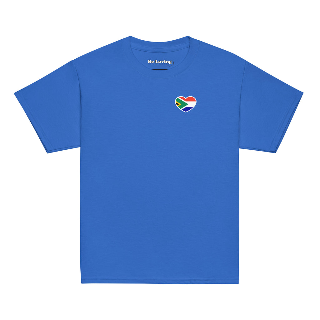 Royal blue kids t-shirt with large “Biltong & Borrelnoten” graphic on the back and Two Homes One Heart chest design on the front, South African Roots youth tee.