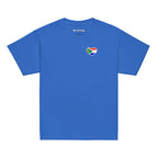 Royal blue kids t-shirt with large “Biltong & Borrelnoten” graphic on the back and Two Homes One Heart chest design on the front, South African Roots youth tee.