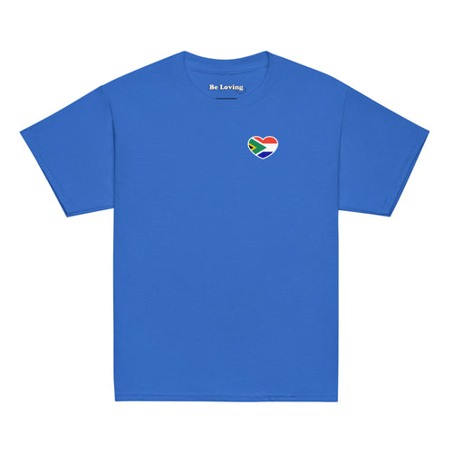Royal blue kids t-shirt with large “Biltong & Borrelnoten” graphic on the back and Two Homes One Heart chest design on the front, South African Roots youth tee.