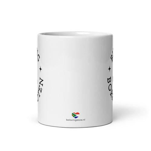 White glossy ceramic mug with black typographic design reading “Biltong & Borrelnoten,” funny South African and Dutch crossover mug.