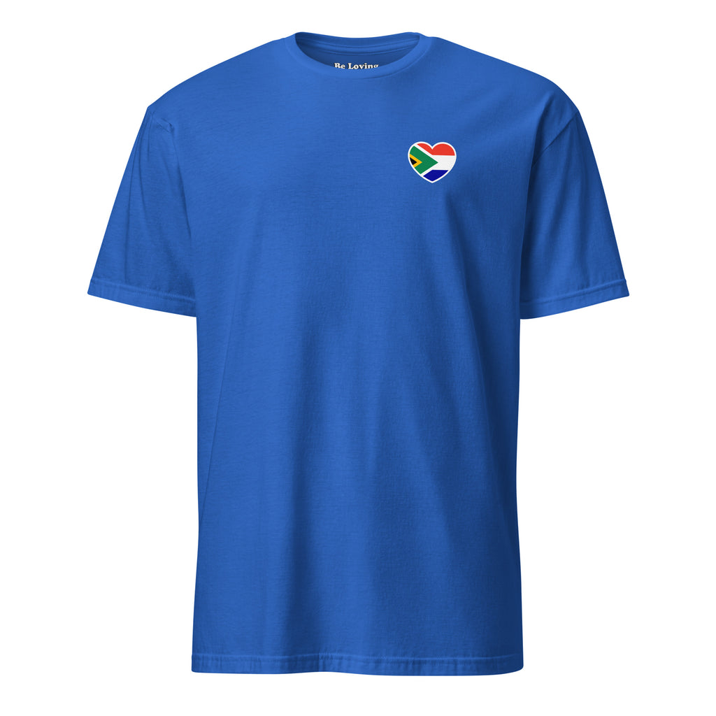 Blue unisex t-shirt with large “Biltong & Borrelnoten” graphic on the back and a small South African–Dutch flag heart Two Homes One Heart design on the front, South African Roots adult tee.