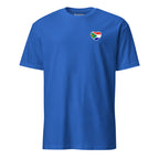 Blue unisex t-shirt with large “Biltong & Borrelnoten” graphic on the back and a small South African–Dutch flag heart Two Homes One Heart design on the front, South African Roots adult tee.