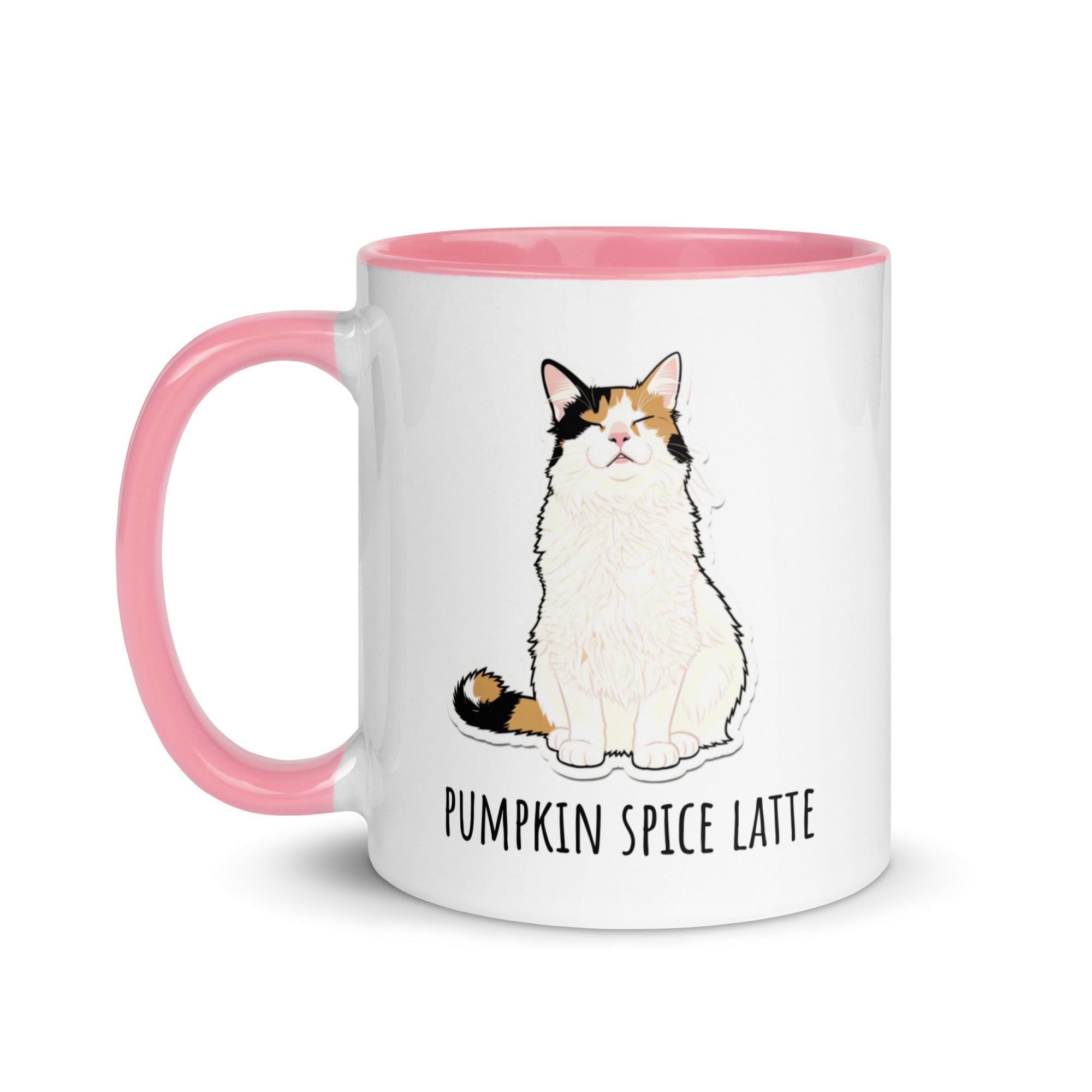 White ceramic mug with pink rim and handle featuring fluffy calico cat Lina Love sitting contentedly above the text “Pumpkin Spice Latte, Extra Foam.”