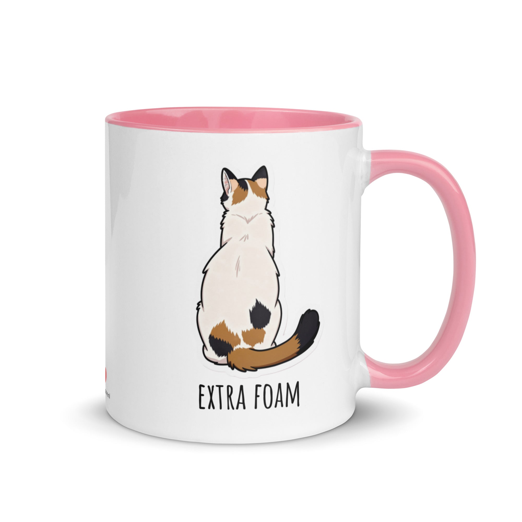 White ceramic mug with pink rim and handle featuring fluffy calico cat Lina Love sitting contentedly above the text “Pumpkin Spice Latte, Extra Foam.”