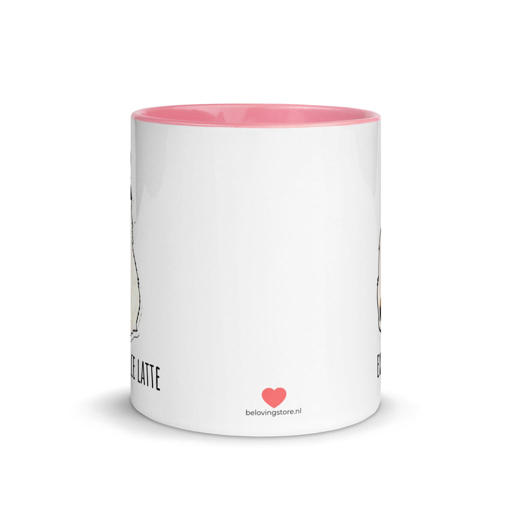 White ceramic mug with pink rim and handle featuring fluffy calico cat Lina Love sitting contentedly above the text “Pumpkin Spice Latte, Extra Foam.”