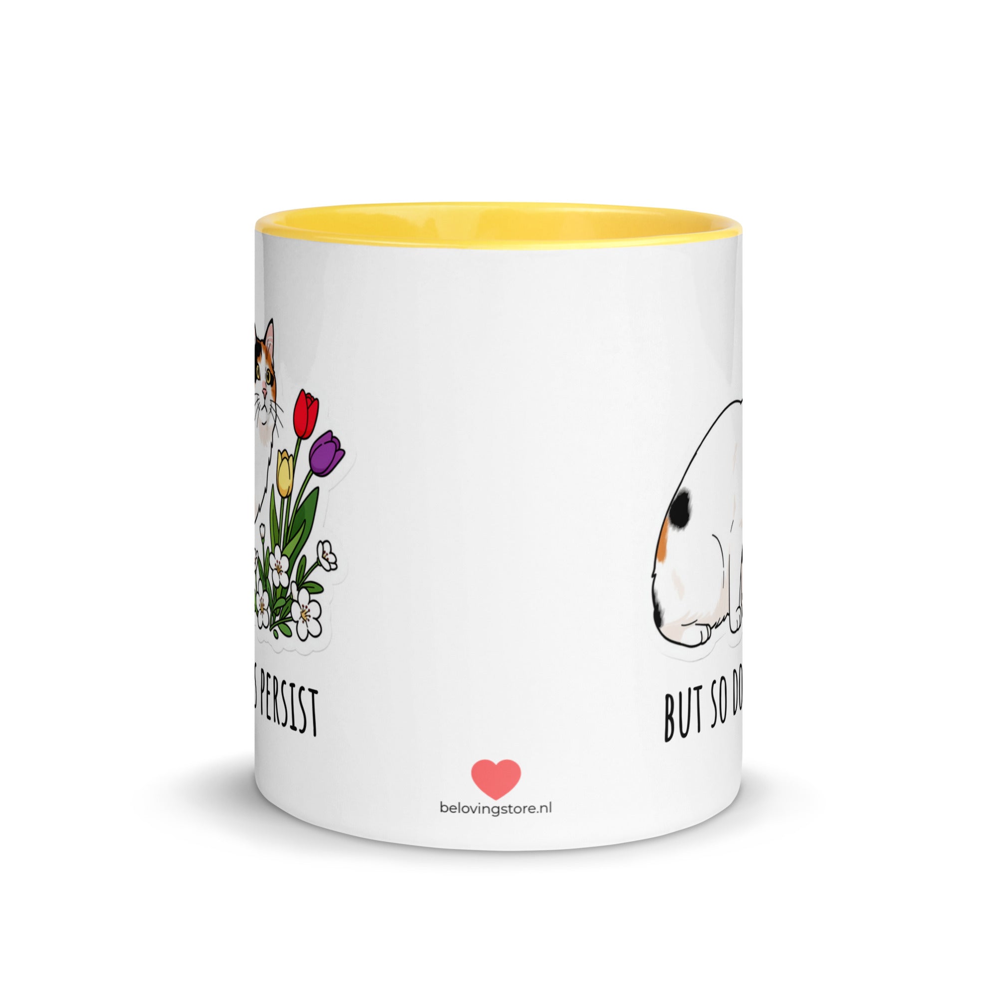 White ceramic mug with yellow rim and handle featuring calico cat Lina Love standing beside flowers and the text “The horrors persist, but so do the snacks.”