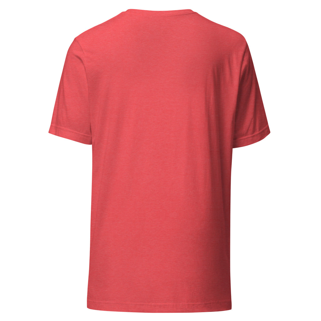Heather red unisex t-shirt back profile with Be Loving neck label and small Lina Love cat illustration with flowers and the text “The horrors persist, but so do the snacks” printed on the chest.