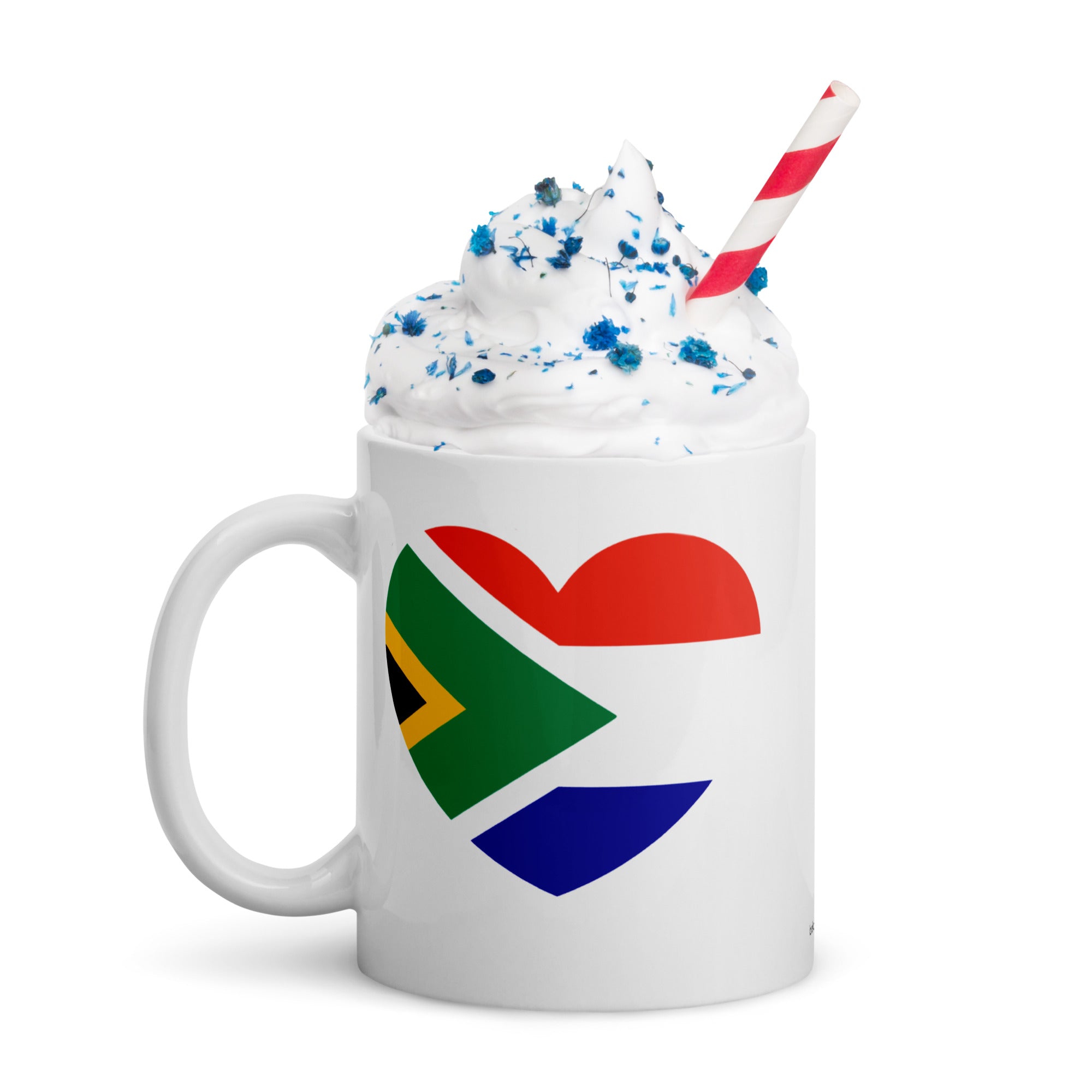 White glossy ceramic mug featuring a heart design that combines the South African and Dutch flags, South African Roots collection mug for proud expats in the Netherlands.