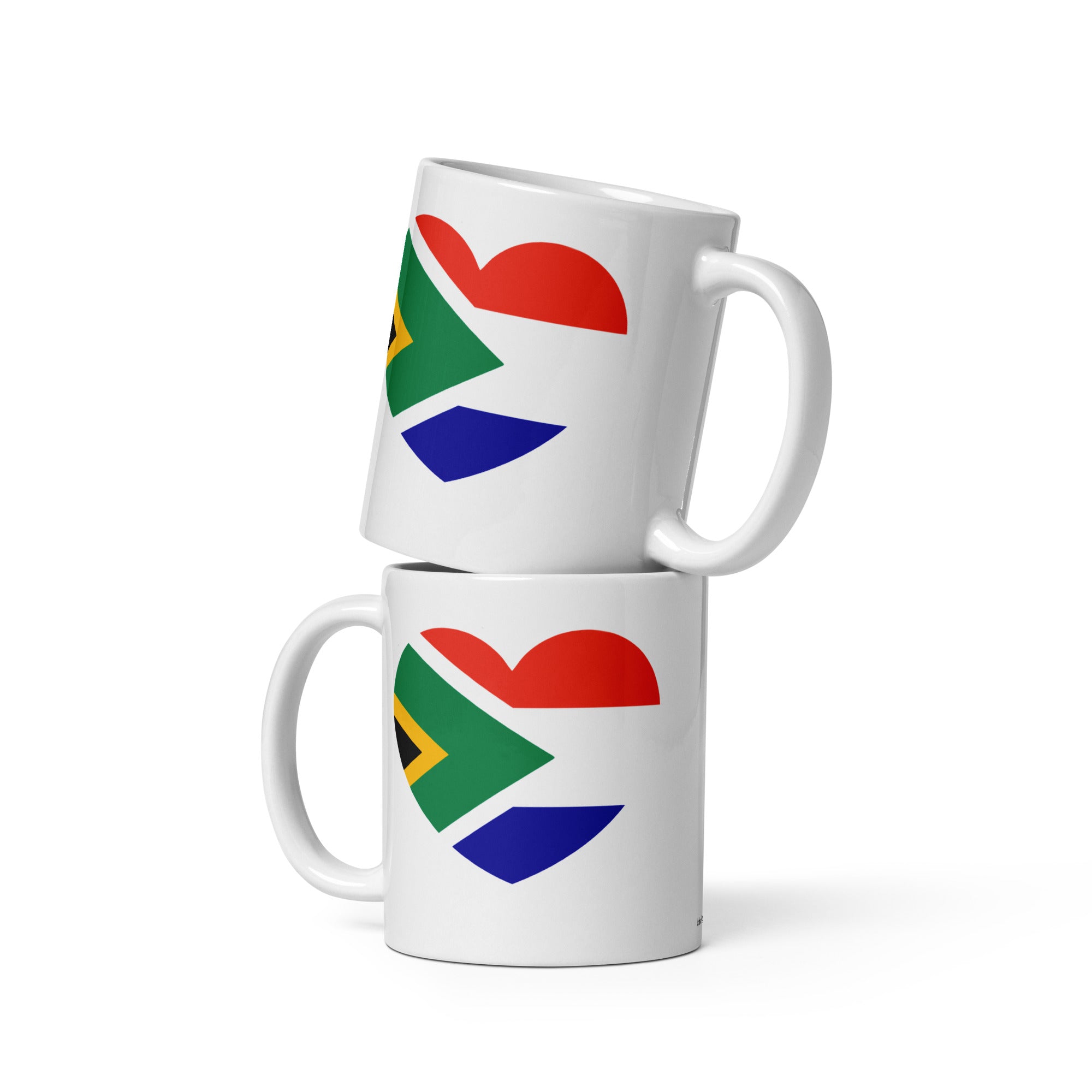 White glossy ceramic mug featuring a heart design that combines the South African and Dutch flags, South African Roots collection mug for proud expats in the Netherlands.