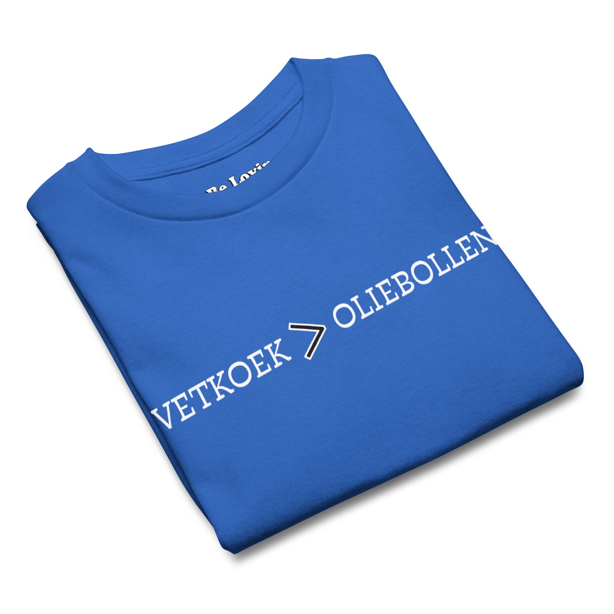 Blue kids t-shirt with the text “Vetkoek > Oliebollen” printed across the chest, South African Roots youth tee.