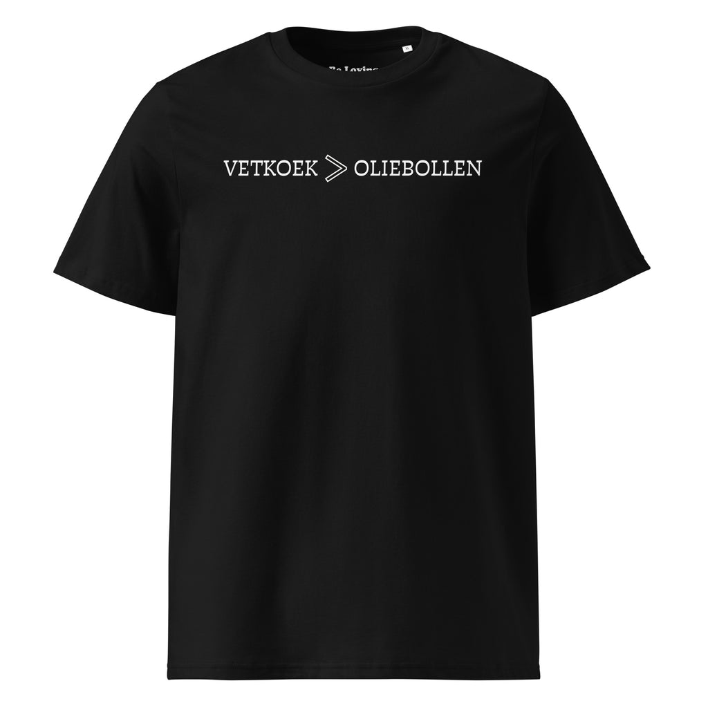 Black unisex organic cotton t-shirt with the phrase “Vetkoek > Oliebollen” printed across the chest, South African Roots adult tee.