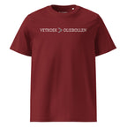 Burgundy unisex organic cotton t-shirt with the phrase “Vetkoek > Oliebollen” printed across the chest, South African Roots adult tee.