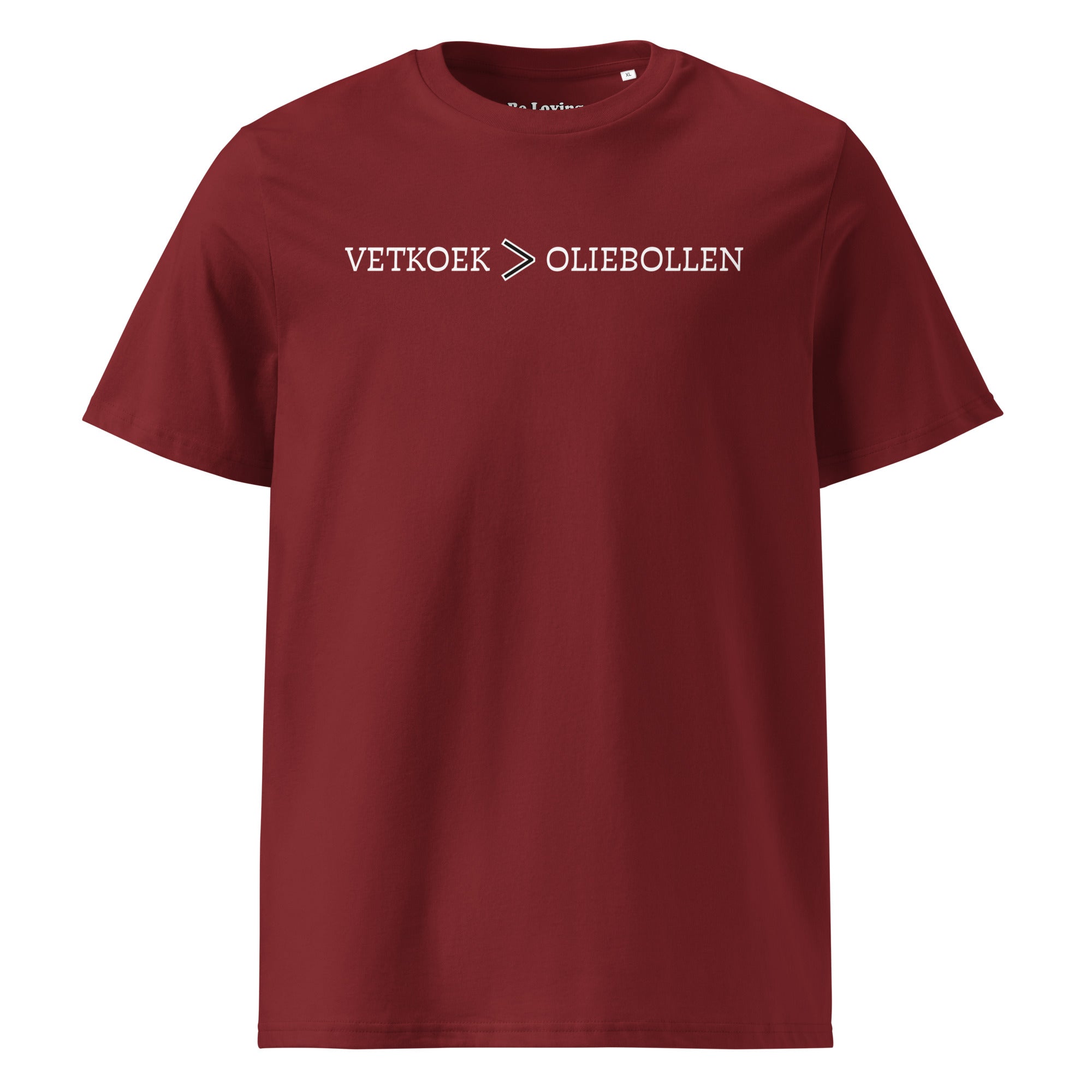 Burgundy unisex organic cotton t-shirt with the phrase “Vetkoek > Oliebollen” printed across the chest, South African Roots adult tee.