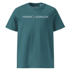 Dark teal unisex organic cotton t-shirt with the phrase “Vetkoek > Oliebollen” printed across the chest, South African Roots adult tee.