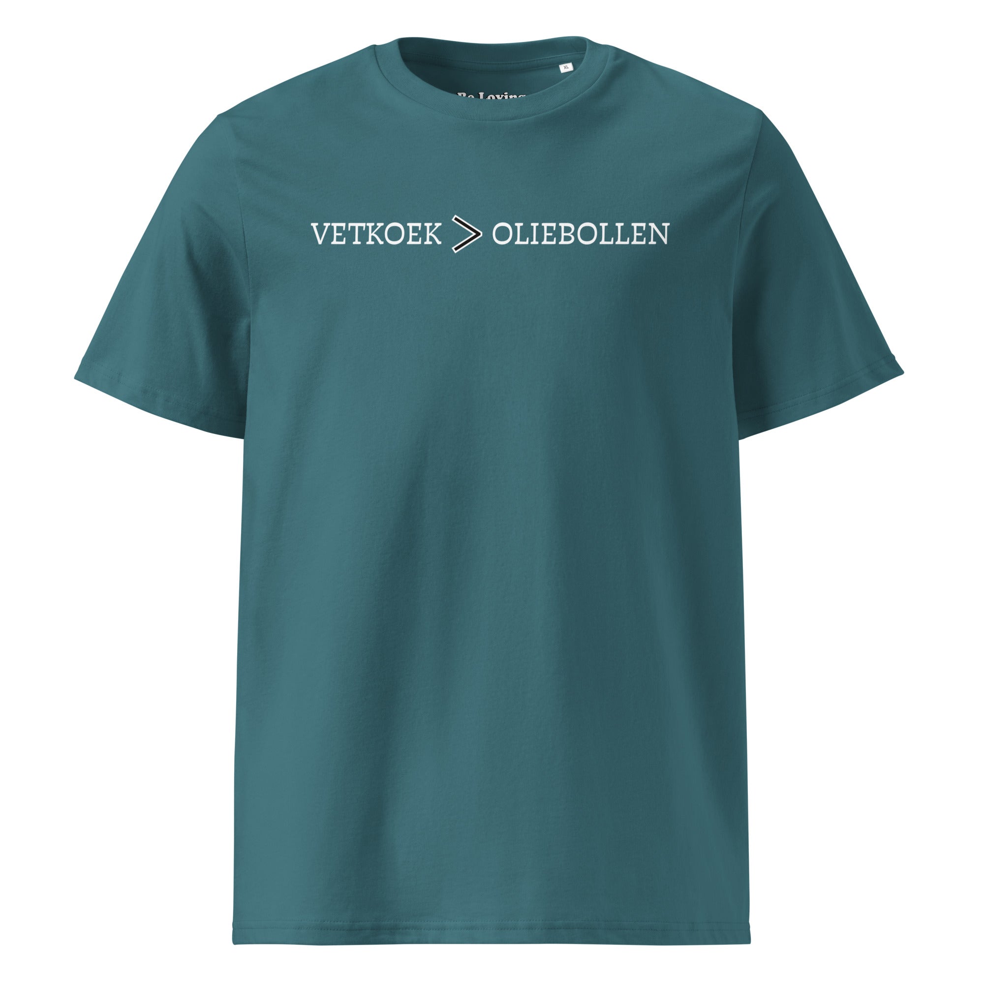 Dark teal unisex organic cotton t-shirt with the phrase “Vetkoek > Oliebollen” printed across the chest, South African Roots adult tee.