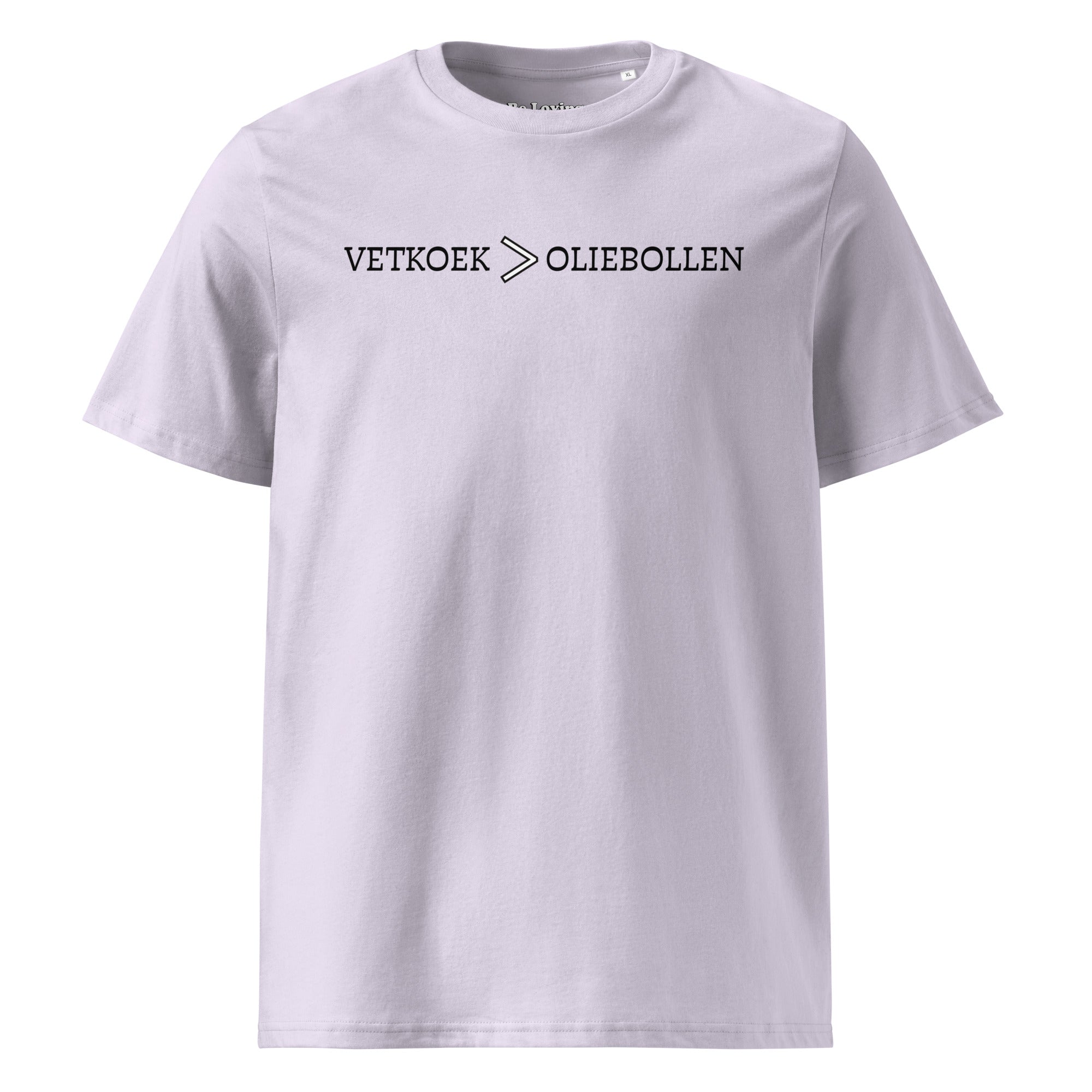 Lavender unisex organic cotton t-shirt with the phrase “Vetkoek > Oliebollen” printed across the chest, South African Roots adult tee.