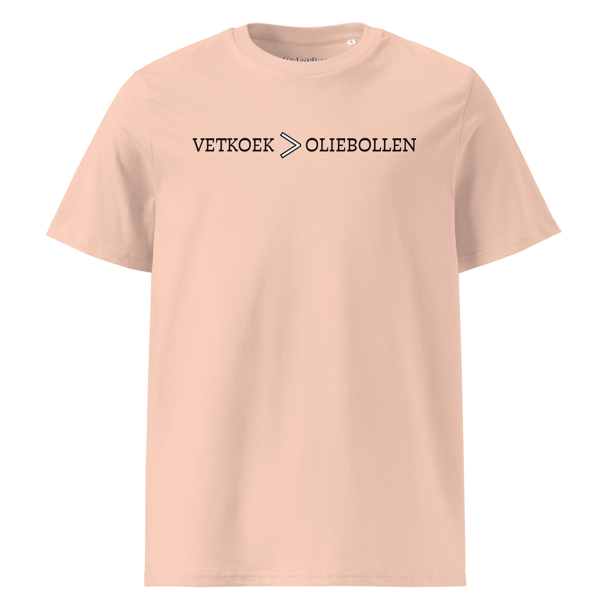 Peach unisex organic cotton t-shirt with the phrase “Vetkoek > Oliebollen” printed across the chest, South African Roots adult tee.