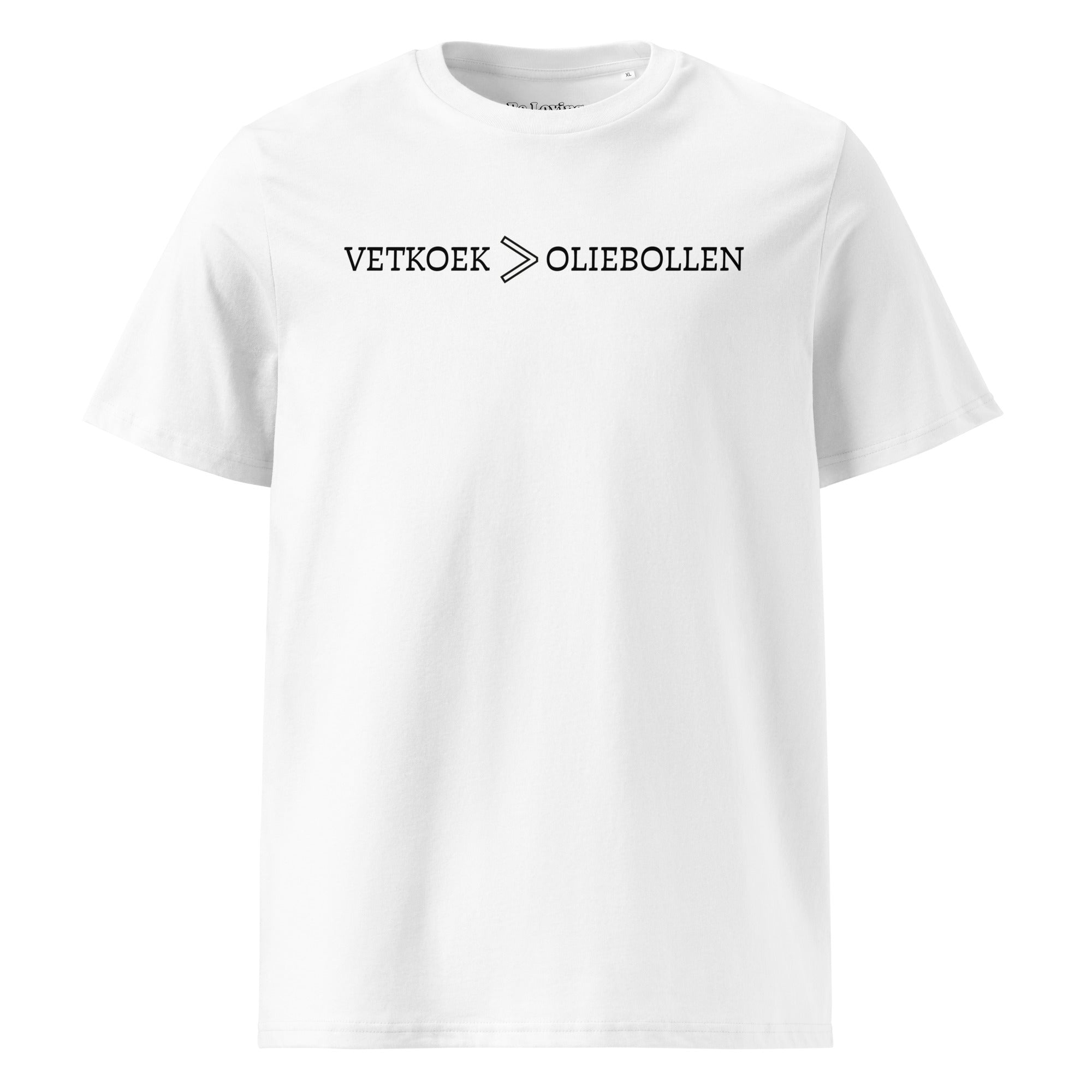 White unisex organic cotton t-shirt with the phrase “Vetkoek > Oliebollen” printed across the chest, South African Roots adult tee.