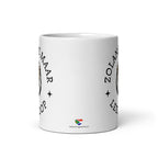 White glossy ceramic mug with lion illustration and the phrase “Zolang je maar leeuloop,” South African Roots mug inspired by the Afrikaans song “Leeuloop.”