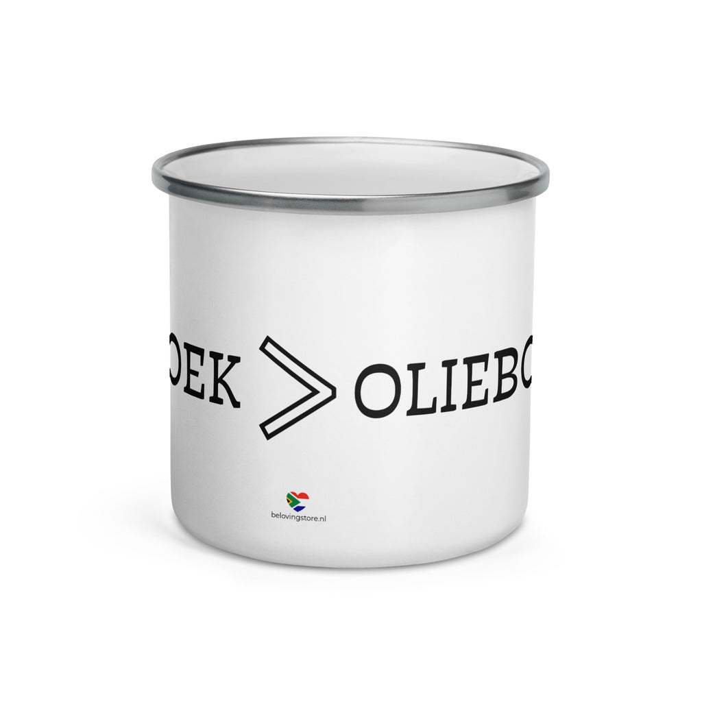 White enamel camping mug with silver rim and wraparound black “Vetkoek > Oliebollen” text, part of the South African Roots collection.