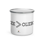 White enamel camping mug with silver rim and wraparound black “Vetkoek > Oliebollen” text, part of the South African Roots collection.