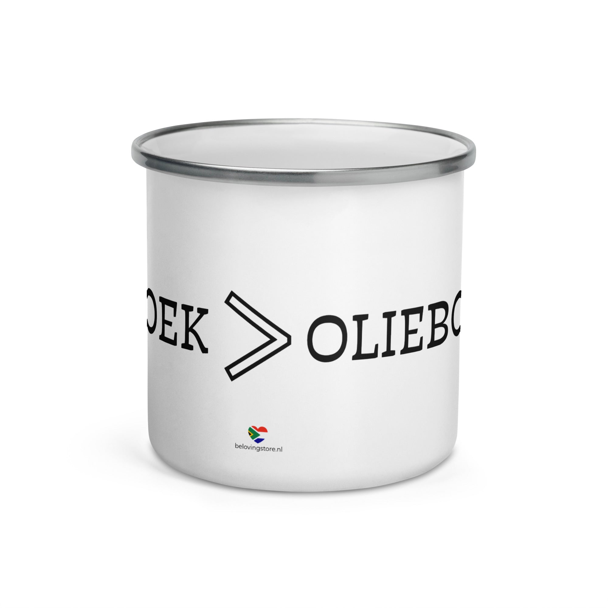 White enamel camping mug with silver rim and wraparound black “Vetkoek > Oliebollen” text, part of the South African Roots collection.