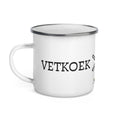White enamel camping mug with silver rim and wraparound black “Vetkoek > Oliebollen” text, part of the South African Roots collection.