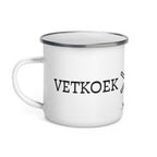 White enamel camping mug with silver rim and wraparound black “Vetkoek > Oliebollen” text, part of the South African Roots collection.