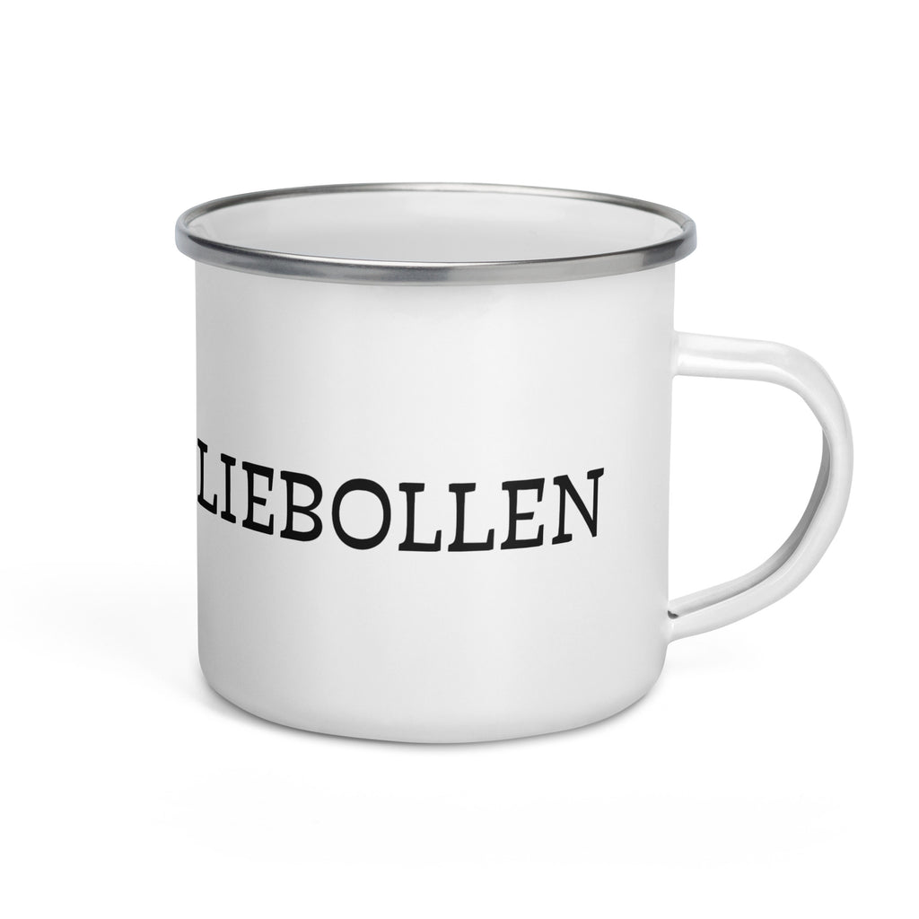 White enamel camping mug with silver rim and wraparound black “Vetkoek > Oliebollen” text, part of the South African Roots collection.