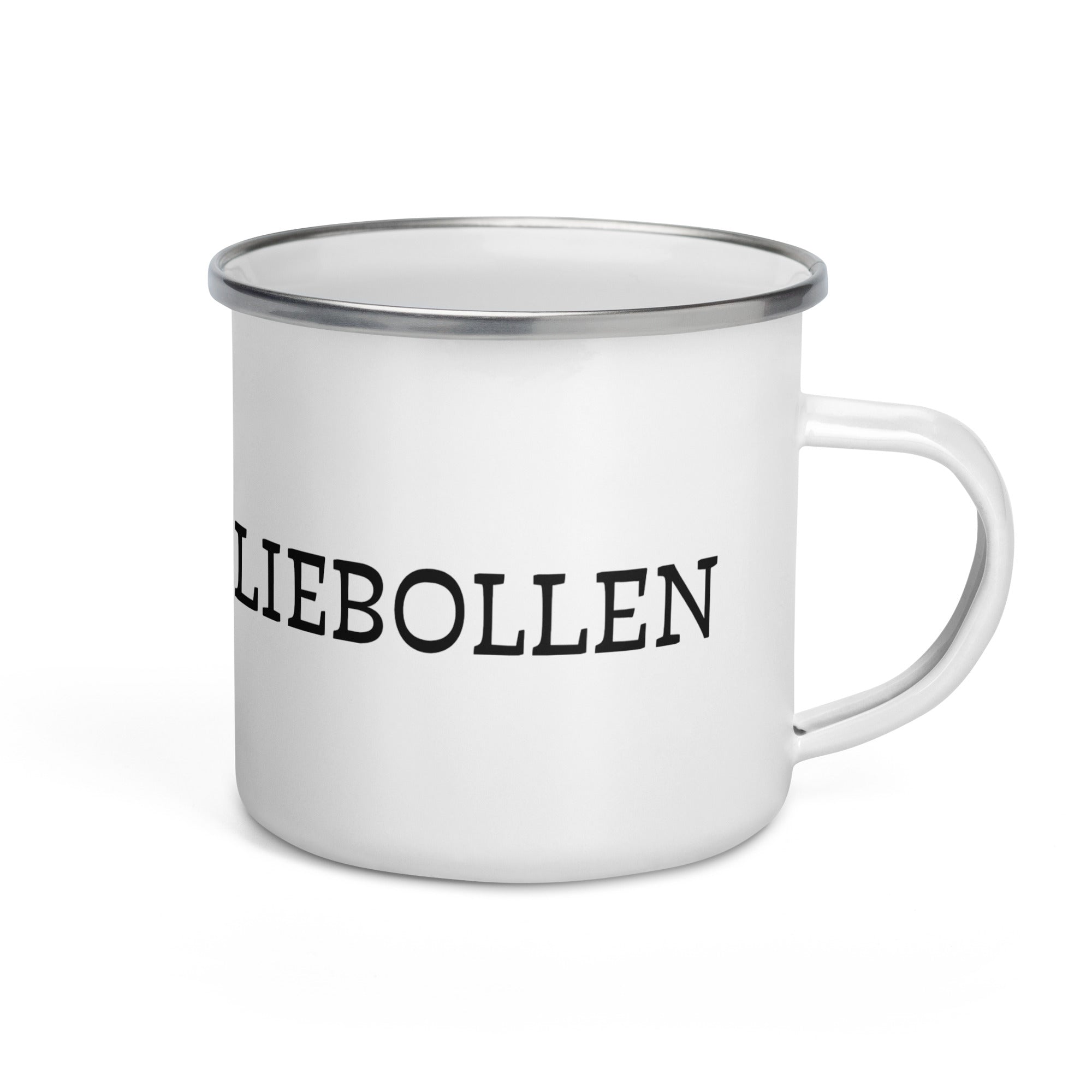 White enamel camping mug with silver rim and wraparound black “Vetkoek > Oliebollen” text, part of the South African Roots collection.