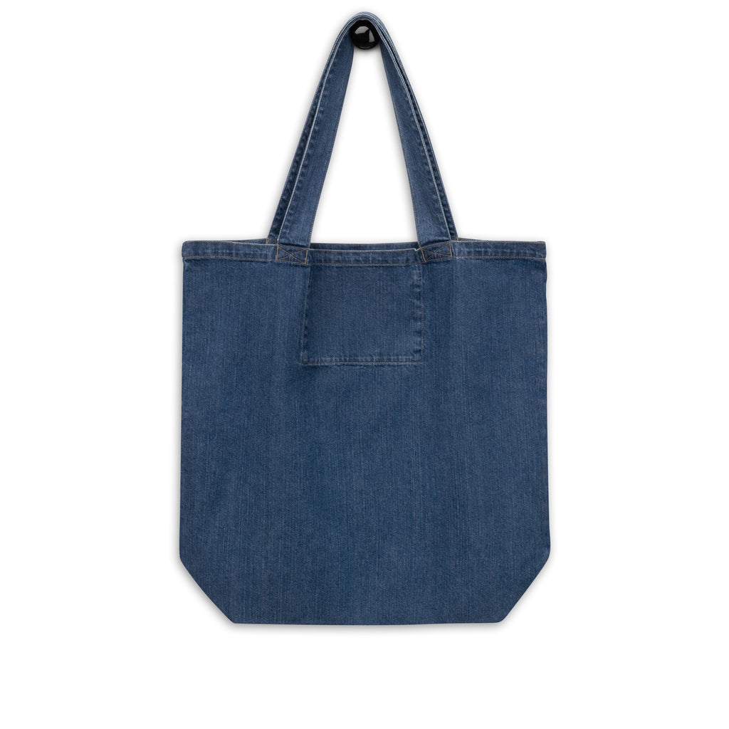 Dark blue organic denim tote bag with small embroidered Two Homes One Heart design combining South African and Dutch flag colours.