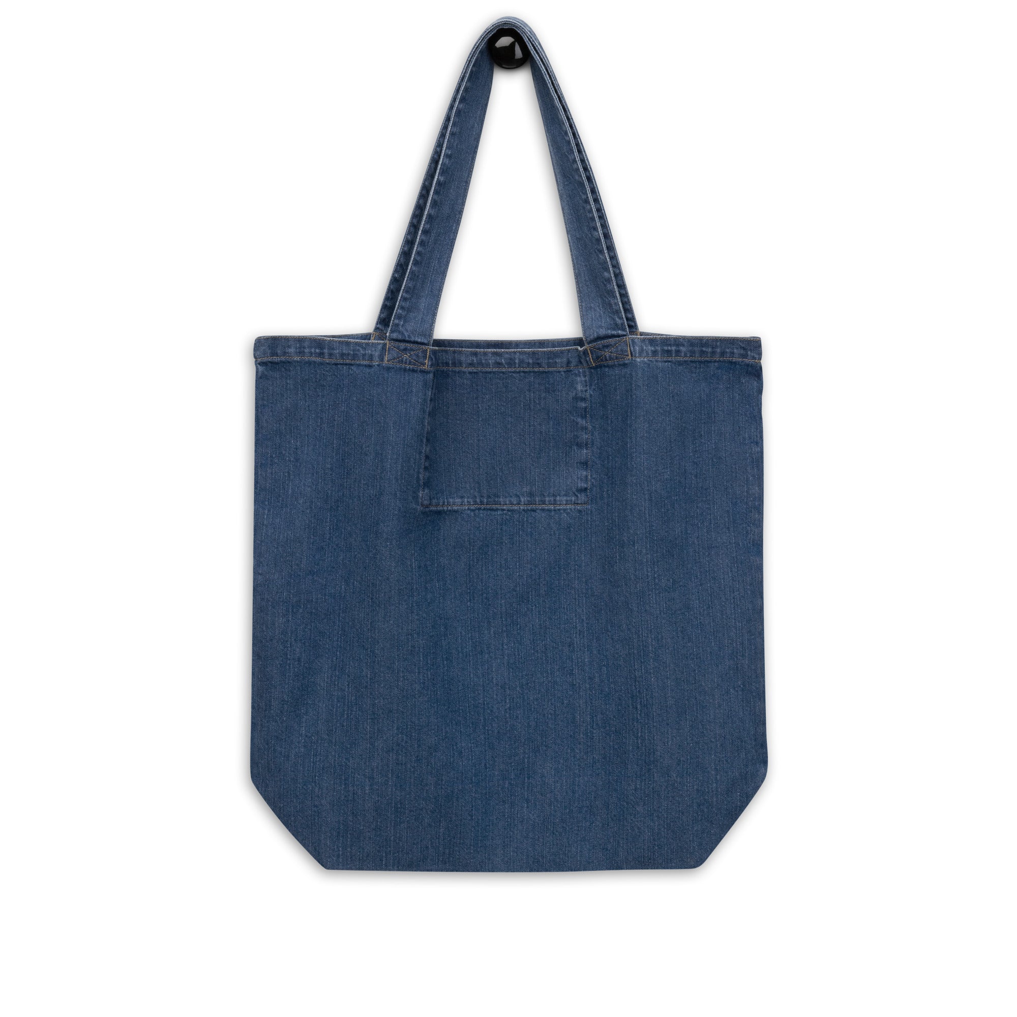 Dark blue organic denim tote bag with small embroidered Two Homes One Heart design combining South African and Dutch flag colours.