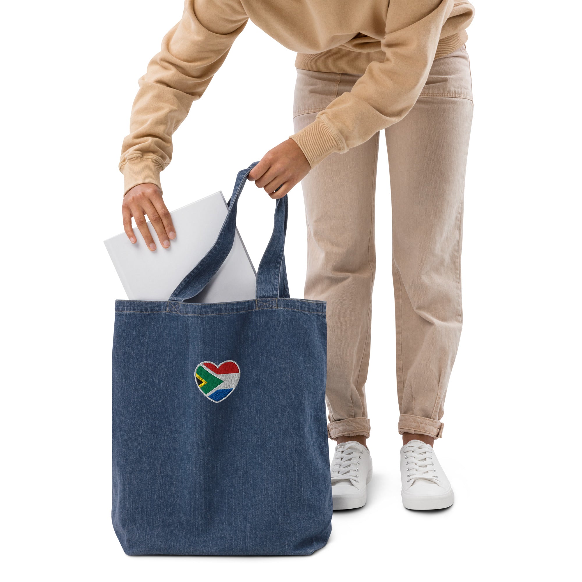 Dark blue organic denim tote bag with small embroidered Two Homes One Heart design combining South African and Dutch flag colours.