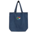 Dark blue organic denim tote bag with small embroidered Two Homes One Heart design combining South African and Dutch flag colours.