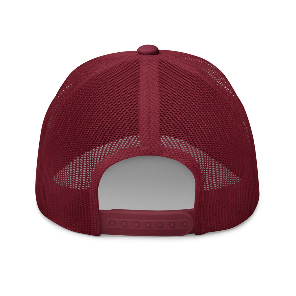 Cranberry mesh-back trucker cap with embroidered Two Homes One Heart design combining the South African and Dutch flags.