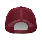 Cranberry mesh-back trucker cap with embroidered Two Homes One Heart design combining the South African and Dutch flags.