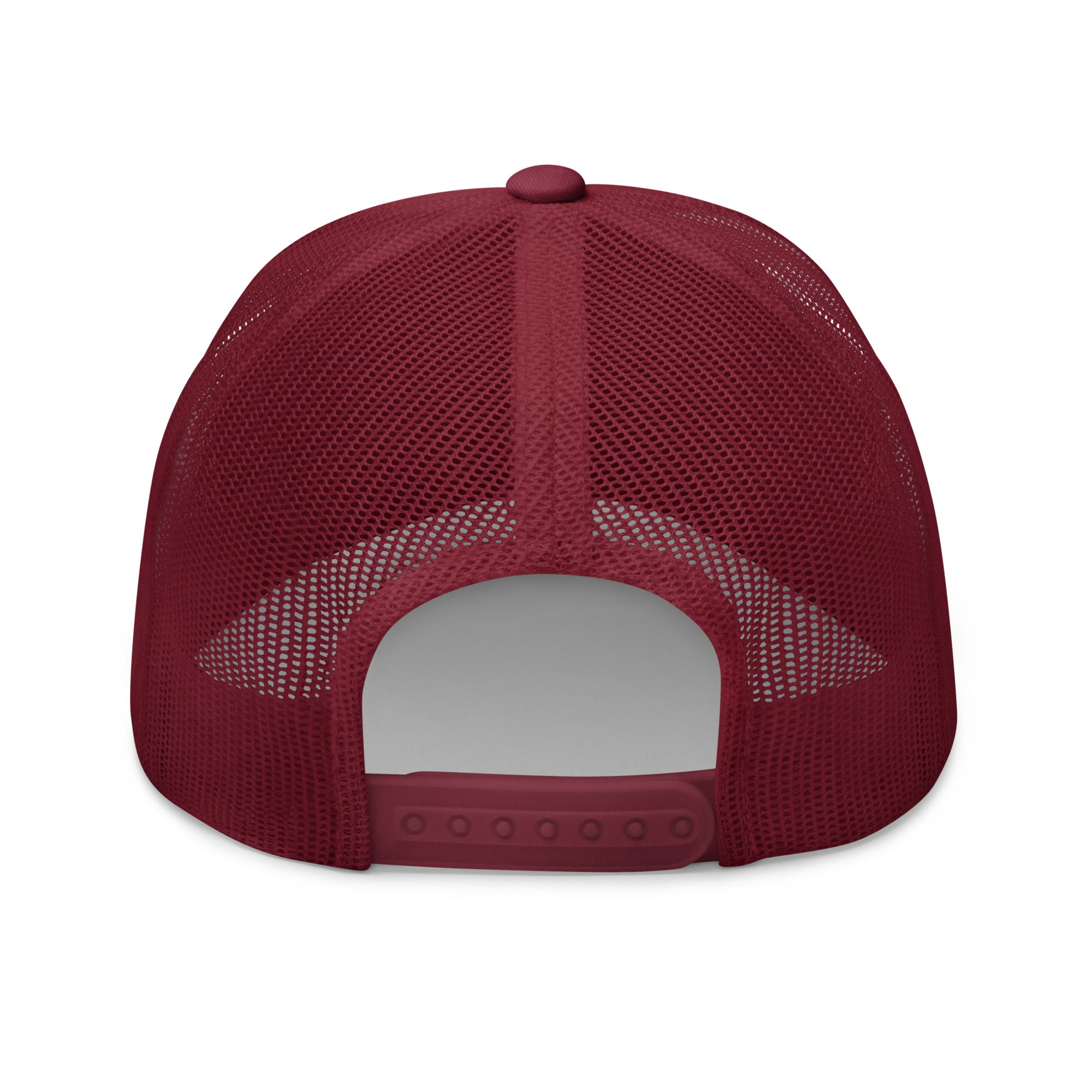 Cranberry mesh-back trucker cap with embroidered Two Homes One Heart design combining the South African and Dutch flags.