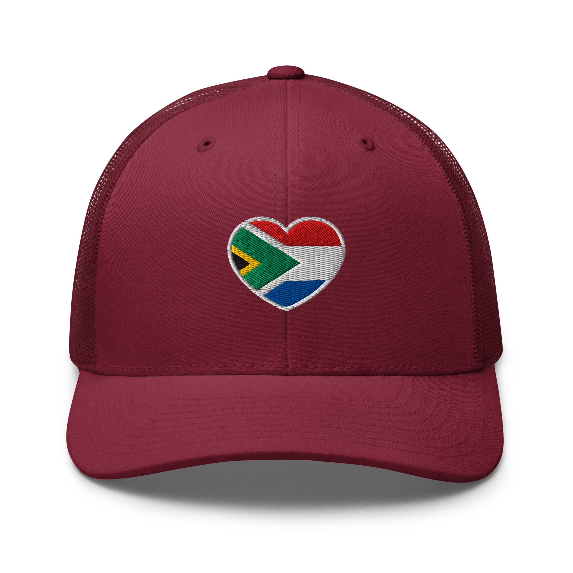 Cranberry mesh-back trucker cap with embroidered Two Homes One Heart design combining the South African and Dutch flags.
