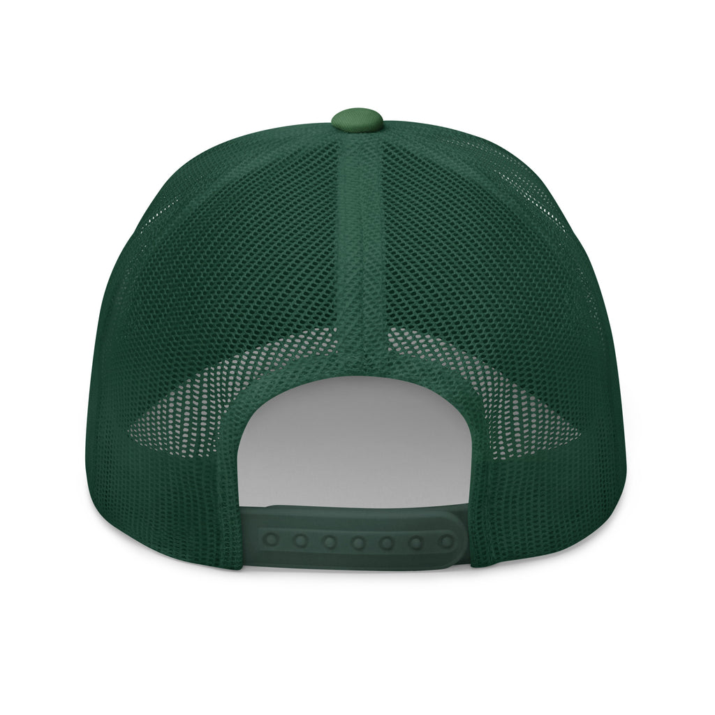 Evergreen green mesh-back trucker cap with embroidered Two Homes One Heart design combining the South African and Dutch flags.